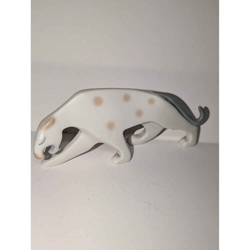 Vtg MCM Stylized Jaguar Leopard Figurine White Tan Spotted Prowling Cat‎